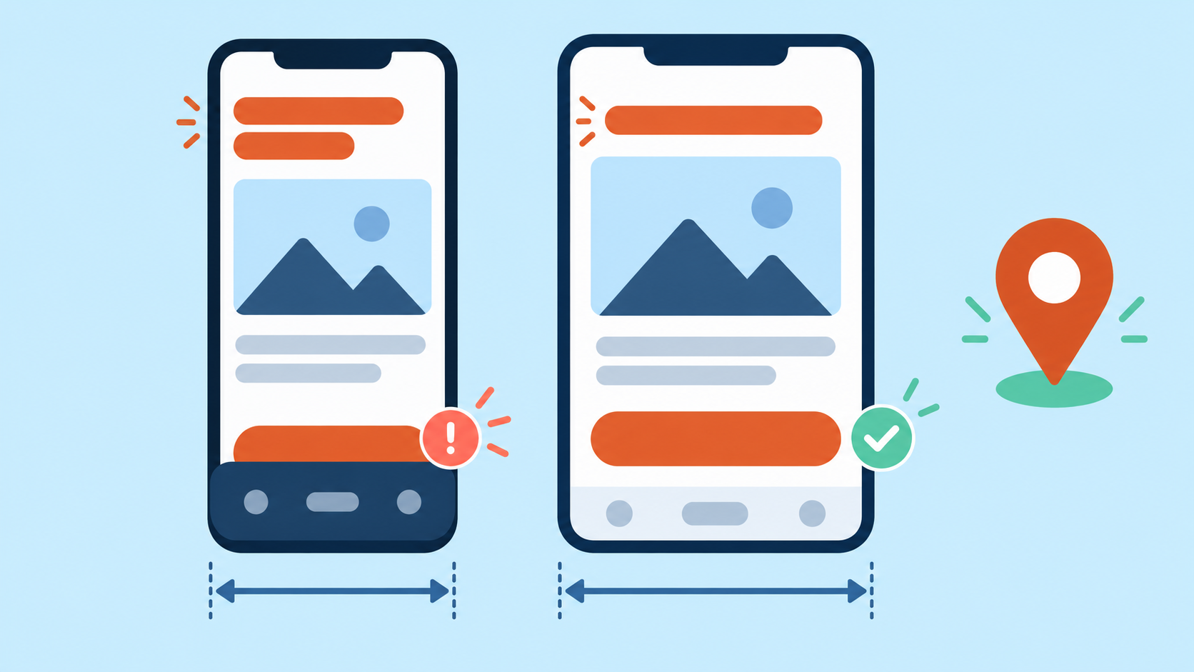 Two mobile page widths show short and wrapped labels, with a highlighted unobstructed action and a separate regional route pin.